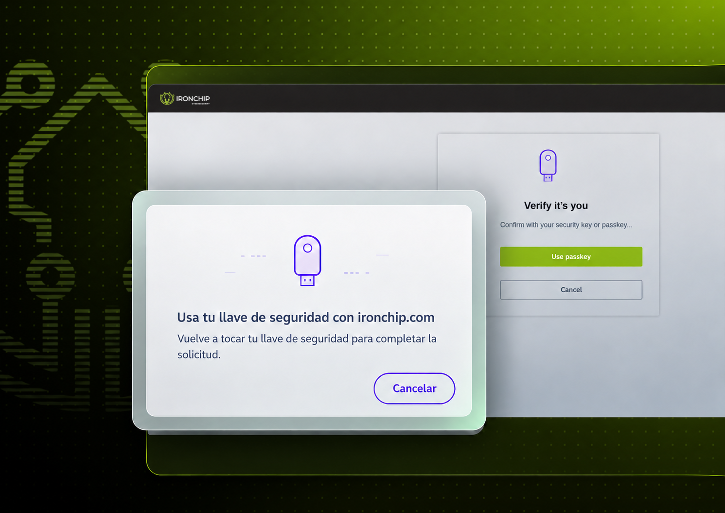 Interfaz de acceso de Ironchip con llave de seguridad FIDO2